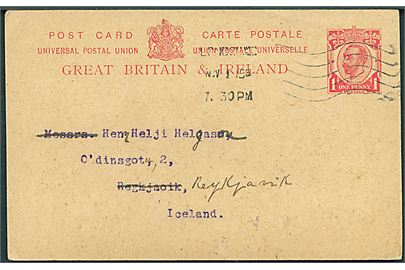 1d George V helsagsbrevkort fra London d. 1.11.1915 til Reykjavik, Island. Uden censur.