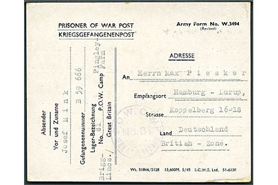 Ufrankeret fortrykt krigsfangebrevkort fra tysk krigsfange i 81 P.O.W. Camp Pingley Farm, Brigg, England dateret d. 10.12.1946 til Hamburg, Tyskland. 