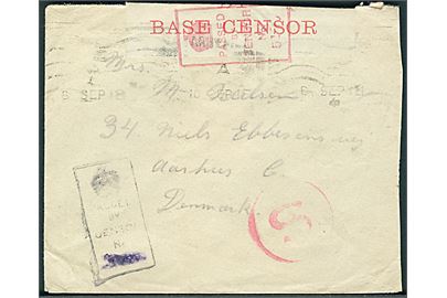 Ufrankeret britisk feltpostbrev med svagt stempel d. 5.9.1918 til Aarhus, Danmark. Bort-censureret unit censor og åbnet af Base Censor med rødt stempel S som markering af feltpost til udlandet.