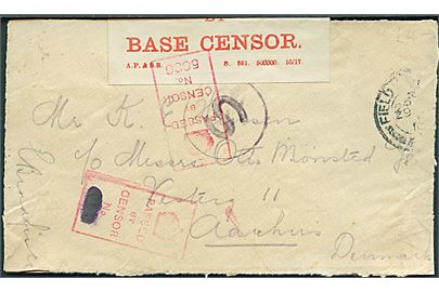 Ufrankeret engelsk feltpostbrev med delvist stempel Field Post Office d. 29.1.1918 til Aarhus, Danmark. Bort-censureret unit censor og åbnet af Base censor med stort S stempel til markering af feltpost til udlandet. Ank.stemplet i Aarhus d. 11.2.1918.