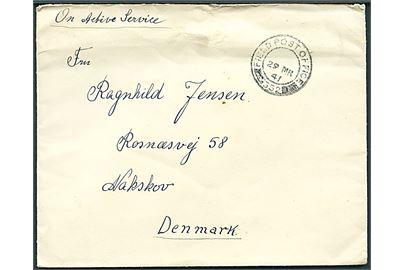 Ufrankeret feltpostbrev stemplet Field Post Office 352 (= Kiel el. Hamburg) d. 29.3.1947 til Nakskov, Danmark. Fra dansk censor ved 56 T.C.U. (Telegraph Censorship Unit) ved de britiske styrker i Tyskland.