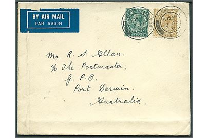 4d og 1 sh. George V på luftpostbrev stemplet London F.S. Air Mail d. 2.4.1931 til Port Darwin, Australien. Ank.stemplet Darwin N.T. Australia d. 25.4.1931.