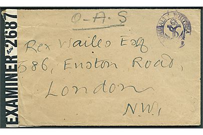 Ufrankeret O.A.S. feltpostbrev med ovalt skjoldstempel ADMIRALITY WHITEHALL til London, England. Åbnet af civil censur PC90/2687. 