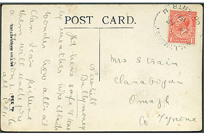 1d George V på brevkort annulleret med skeleton stempel Ballymoney Co. Antrim d. 23.4.1919 til Omagh. Anvendt i Nordireland.