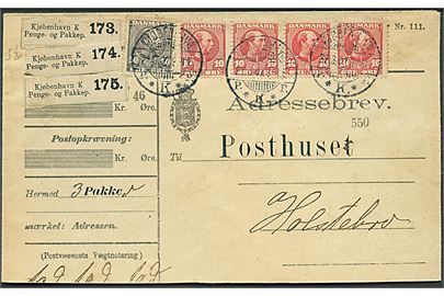 10 øre (4-stribe) og 50 øre Chr. IX på adressebrev for 3 pakker fra Kjøbenhavn d. 22.3.1907 til Holstebro. Afkortet i bunden.