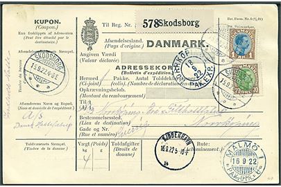 70 øre og 1 kr. Chr. X på internationalt adressekort for pakke fra Skodsborg d. 15.9.1922 via Kjøbenhavn og Malmö til Norrköping, Sverige.