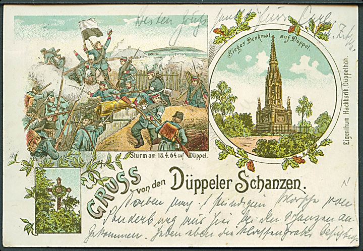 5 pfg. Germania Reichpost på brevkort (Gruss von den Düppeler Schanzen) annulleret Flensburg d. 27.5.1901 og sidestemplet Posthülfstelle DÜBBELBERG 26.5.01 til Hoheneggelsen.