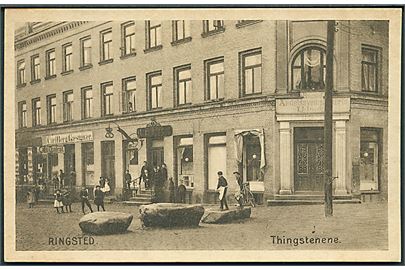 Ringsted med Thingstenene. Slagter, Bager og Cafe ses. Stenders no. 42428. 