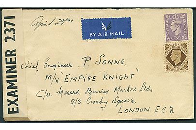 3d og 1 sh. ustemplet på luftpostbrev fra England ca. 1943 til dansk sømand, P. Sonne, ombord på det britiske Liberty-ship M/S Empire Knight via rederiadresse i London. Brevet åbnet af britisk censur PC90/2371. Empire Knight forliste efter grundstødning udfor Maine, USA d. 11.2.1944 på rejse fra St. Johns, Canada til New York. 