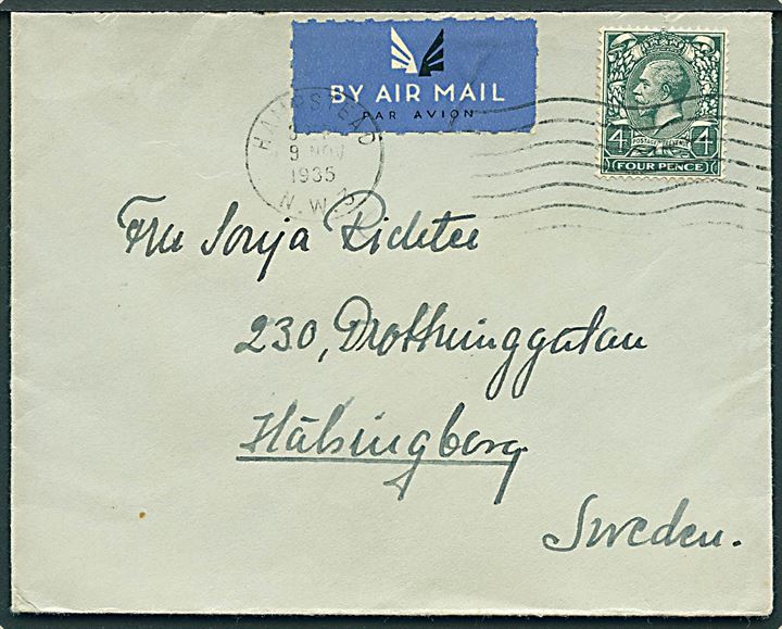 4d George V single på luftpostbrev fra Hampstead d. 9.11.1935 til Hälsingborg, Sverige.