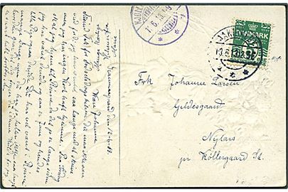 5 øre Bølgelinie på brevkort fra Aakirkeby d. 13.6.1913 til Nylars pr. Kjøllergaard St. Ank.stemplet med violet brotype Ia Kjøllergaard d. 13.6.1913. Stempel ikke tidligere registreret i violet farve.