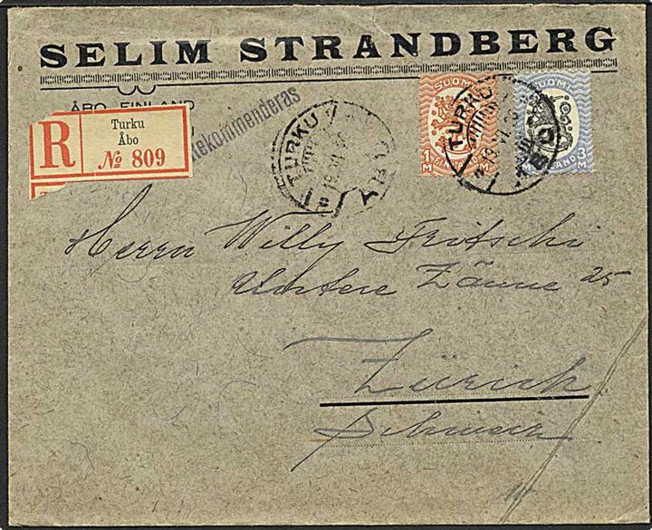 1 mk. og 3 mk. Løve udg. på anbefalet brev fra Turku d. 19.6.1926 til Zürich, Schweiz.