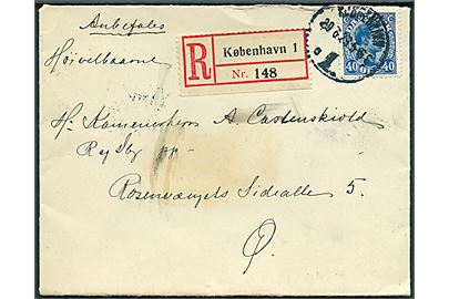 40 øre Chr. X single på lokalt anbefalet brev i Kjøbenhavn d. 29.6.1923.