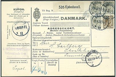 20 øre og 50 øre (3) Chr. X på 170 øre frankeret internationalt adressekort for pakke fra Kjøbenhavn d. 12.10.1923 til Stockholm, Sverige.
