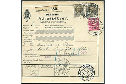 10 øre Bølgelinie og 25 øre Fr. VIII (2) på internationalt adressekort for pakke fra KJøbenhavn d. 22.4.1913 via Malmö til Snogerød, Skåne, Sverige.
