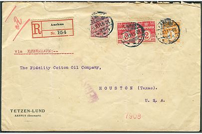 1 øre, 2 øre (par) Bølgelinie og 50 øre Chr. X på anbefalet brev fra Aarhus d. 5.11.1914 via Kjøbenhavn og New York til Houston, Texas, USA. Uden censur.