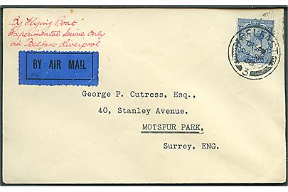 2½d George V på luftpostbrev påskrevet By Flying Boat Experimental Service Only via Belfast - Liverpool fra Belfast d. 29.9.1928 til Motspur Park, Surrey. I perioden 24-29.9.1928 udførte Imperial Airways forsøg med flyvning mellem Belfast og Liverpool et Short Singapore vandfly Calcutta.