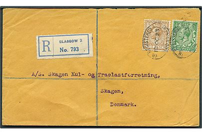 ½d og 5d George V på anbefalet brev fra Glasgow d. 10.10.1923 til Skagen, Danmark.