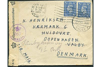 2½d George VI (2) på luftpostbrev fra Bootle d. 26.6.1945 til København, Danmark - eftersendt. Sendt fra sømand ombord på det danske handelsskib S/S Stal G.P.O. London, England. S/S Stal fra rederiet Myren lå ved krigsudbruddet i Kirkwall og blev overtaget af Ministry of War Transport. Skibet blev tilbageleveret til rederiet i oktober 1945. Åbnet af dansk efterkrigscensur (krone)/267/Danmark.