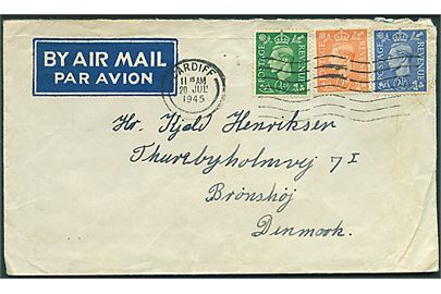 ½d, 2d og 2½d George VI på luftpostbrev fra Cardiff d. 20.7.1945 til Brønshøj, Danmark. Sendt fra sømand ombord på det danske handelsskib S/S Stal G.P.O. London, England. S/S Stal fra rederiet Myren lå ved krigsudbruddet i Kirkwall og blev overtaget af Ministry of War Transport. Skibet blev tilbageleveret til rederiet i oktober 1945. 