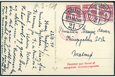 5 øre Bølgelinie (3) på brevkort fra København 21 d. 27.9.1940 til Maølmö, Sverige. Dansk censur med stempel: Forsinket paa Grund af manglende Afsenderangivelse.