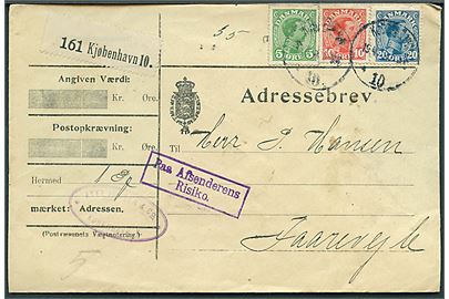 5 øre, 10 øre og 20 øre Chr. X på adressebrev for pakke fra Kjøbenhavn d. 19.4.1918 til Faarevejle. Rammestempel Paa Afsenderens Risiko..