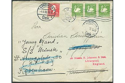 5 øre H. C. Andersen (3) på brev fra Vejle d. 3.9.1936 til København - eftersendt til S/S Minsk via rederiet DFDS og opfrankeret med 15 øre H. C. Andersen stemplet København d. 4.9.1936 til Liverpool, England.
