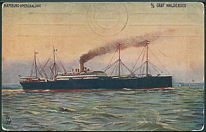 Graf Waldersee, S/S, Hamburg America Line. Raphael Tuck & Sonds no. 9125. Anvendt fra Reval til Riga 1910.