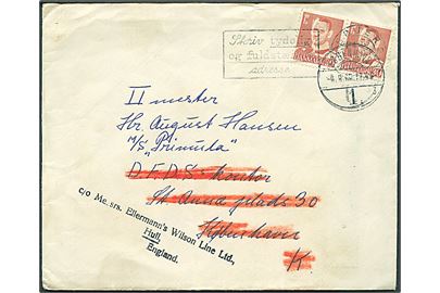 30 øre Fr. IX i parstykke på brev fra Esbjerg d. 4.9.1960 til sømand ombord på M/S Primula via rederiet DFDS i København - eftersendt til Hull, England.