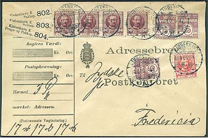 15 øre Bølgelinie (3), 10 øre og 50 øre (4-stribe) Fr. VIII på 2,55 øre frankeret adressebrev for 3 pakker fra Kjøbenhavn d. 10.4.1908 til Fredericia.