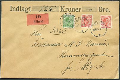 5 øre og 10 øre (2) Chr. X på værdibrev fra Hillerød d. 24.11.1916 til Ry.