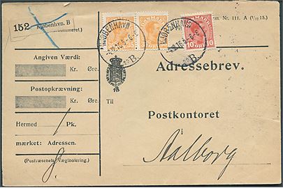 10 øre og 35 øre (par) Chr. X på adressebrev for pakke fra Postvæsenets Bogholderi- og Materialkontor i Kjøbenhavn d. 4.12.1916 til Postkontoret i Aalborg. Indlagt seddel vedr. tryksager som vil blive leveret senere.