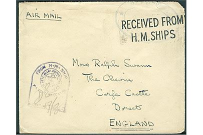 Ufrankeret flådepost luftpostbrev med ovalt stempel Pay Master / HMS Formidable / 21.4.1942 og Received from H.M.Ships til England. Violet flådecensur. H.M.S. Formidable var et britisk hangarskib i det Indiske Ocean.