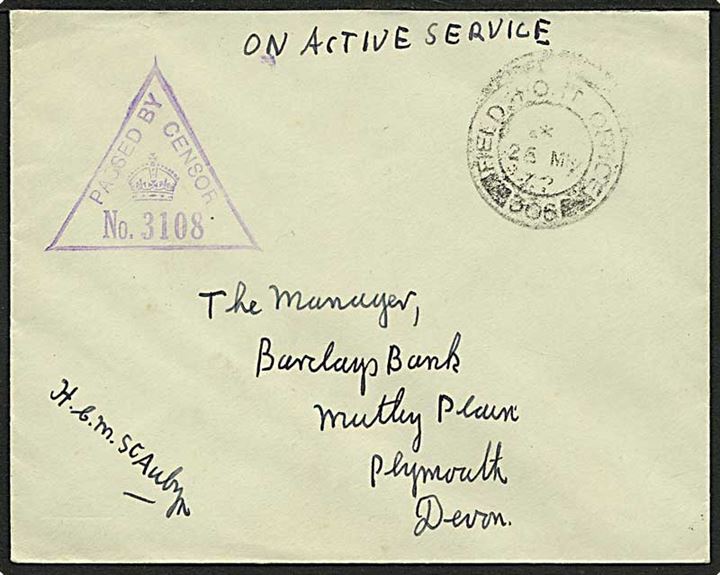 Ufrankeret britisk OAS brev stemplet Field Post Office 306 (= Reykjavik) d. 25.5.1942 til Plymouth, England. Unit censor No. 3108.