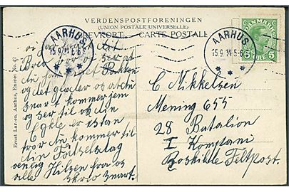 5 øre Chr. X på brevkort fra Aarhus d. 15.9.1914 til indkaldt soldat ved sikringsstyrken i 28. Battalion, Roskilde, Feltpost. 