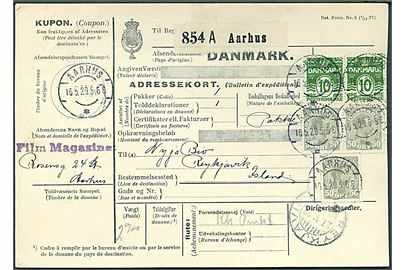 10 øre Bølgelinie (2) og 50 øre Chr. X (3) på 170 øre frankeret internationalt adressekort for pakke fra Aarhus d. 16.5.1929 til Reykjavik, Island. Ank.stemplet Reykjavik d. 27.5.1929.