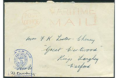 Ufrankeret flådepostbrev stemplet Post Office / Maritime Mail fra HMS Eland (Navy shore base Freetown, Sierra Leone) c/o GPO London til Watford. Blå flådecensur.