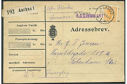 35 øre Chr. X single på adressebrev med liniestempel Aarhus Indl. 1. for pakke mærket Forsigtig og Afs. Risico stemplet Aarhus 1. d. 1.11.1918 til København.