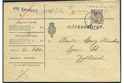 25 øre Chr. X single på adressebrev for pakke fra Kjøbenhavn d. 13.9.1918 til Gjern.