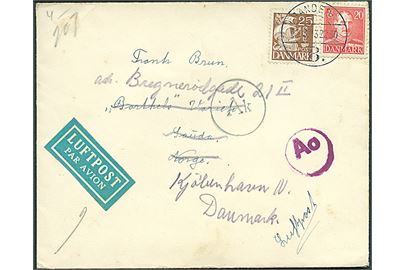20 øre Chr. X og 25 øre Karavel på luftpostbrev fra Randers B. d. 21.3.1943 til Sauda, Norge - eftersendt til København. Både dansk og norsk censur.