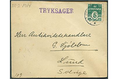 5 øre Bølgelinie på tryksag fra Kolding d. 28.2.1914 til Lund, Sverige.