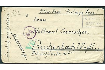 Portofri krigsfangeforsendelse dateret d. 12.1.1943 fra tysk krigsfange på 19. General Hospital c/o Chief P.o.W. Postal Centre, Middle East til Reichenbach, Tyskland. Krigsfangecensur og åbnet af tysk censur i Berlin.