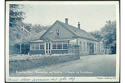 Bramdrup Skov. Restaurant ved Kolding. 4 Kegle og Skydebaner. Reklamekort. U/no. 