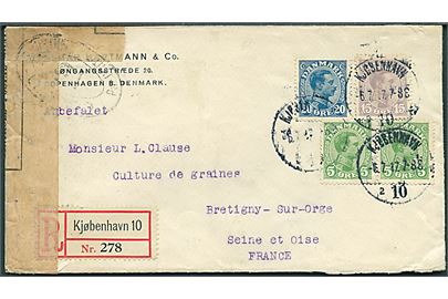 5 øre (par), 15 øre og 20 øre Chr. X på anbefalet brev fra Kjøbenhavn d. 6.7.1917 til Bretigny-sur-Orge, Frankrig. Åbnet af fransk censur no. 13 i Dieppe.