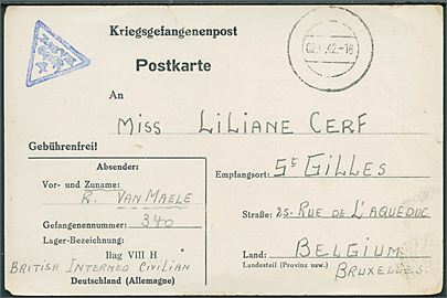 Ufrankeret krigsfangekort fra britisk civilinterneret, R. van Maele, i Ilag VIII H (= Tost) med stumt stempel d. 2.11.1942 til St. Gilles, Belgien. Blå lejrcensur.