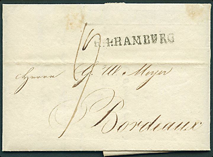 1805. Portobrev med indhold dateret i Altona d. 24.5.1805 til Bordeaux, Frankrig. Liniestempel R. 4 Hamburg.