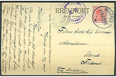 10 øre Chr. X på brevkort annulleret med brotype IIIb Hillerød* d. 19.8.1915 til Mariehamn, Åland. Finsk censur fra Helsingfors.