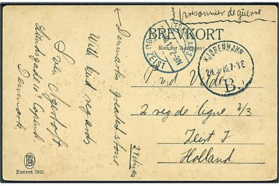 Ufrankeret krigsfangekort (Damestenen) fra Kjøbenhavn d. 24.8.1916 til interneret belgisk soldat i Holland. Ank.stemplet Legerplaats bij Zeist d. 28.8.1916.