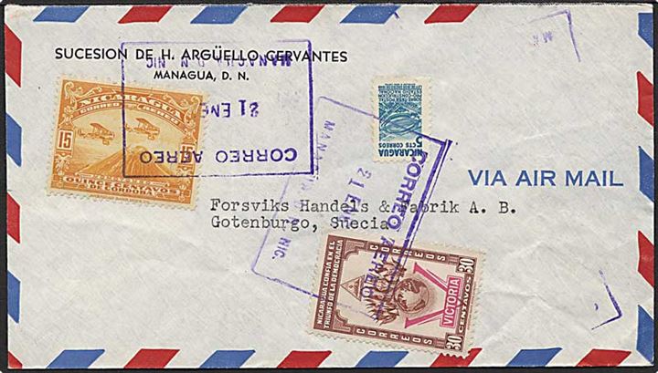 50 c. blandingsfrankeret luftpostbrev fra Managua ca. 1950 til Göteborg, Sverige.