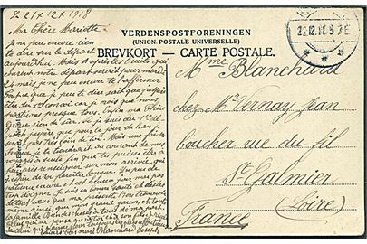 Ufrankeret brevkort fra fransk transitfange i Helsingør d. 22.12.1918 til St. Galmier, Frankrig.